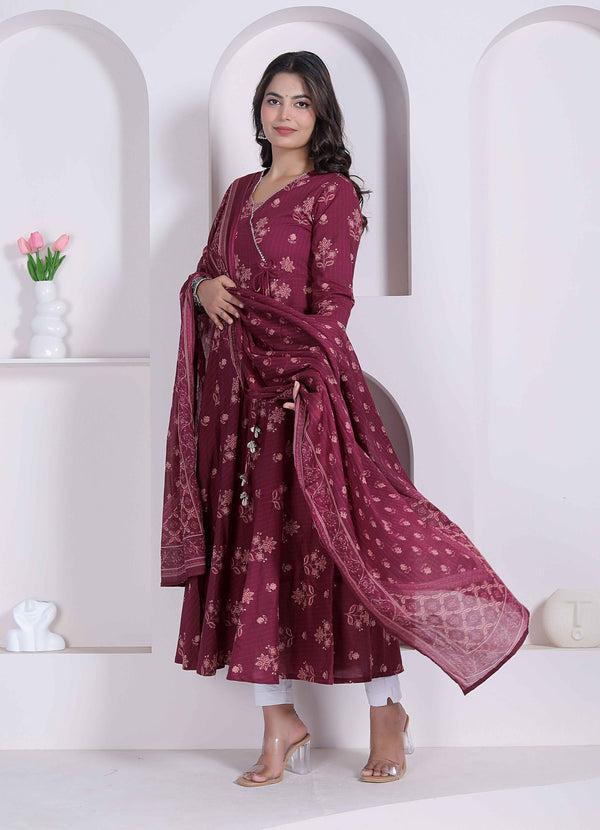 Miravan Womens Maroon Floral Printed Cotton Kurta and Dupatta