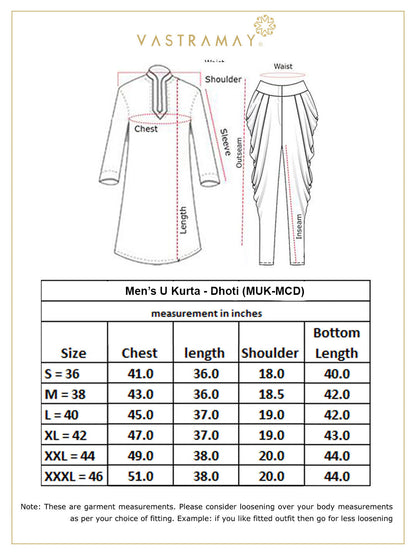 Vastramay Men's Cream Silk Blend Curved Kurta Dhoti Set