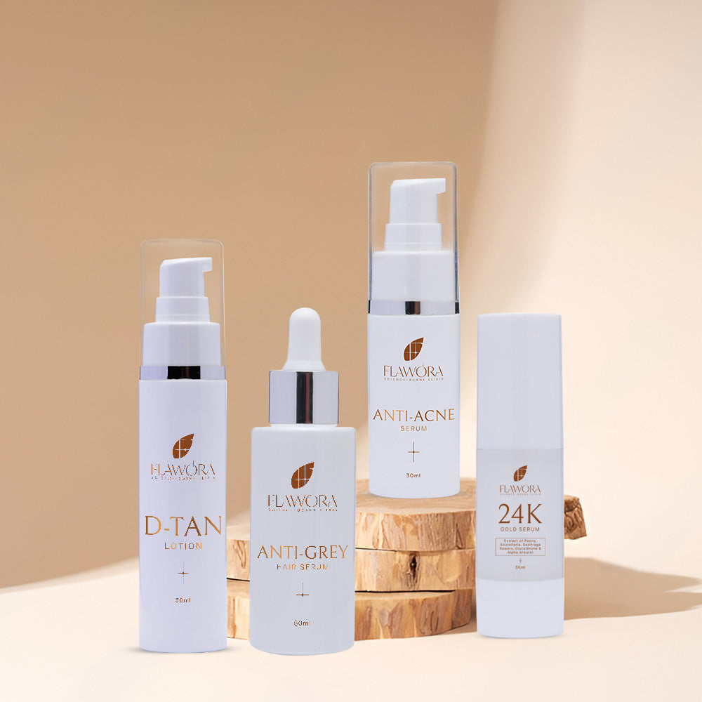 Flawora Anti Grey Hair Serum, D Tan Lotion, and Anti Acne Serum & 24K Gold Serum-Combo of 4