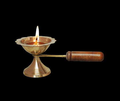 Brass Oil Lamp Deepak With Wooden Handle