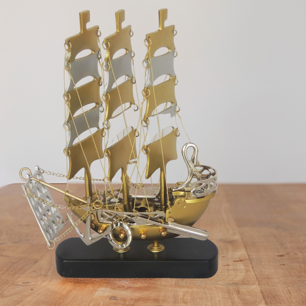 Brass Home Ship With Wooden Base