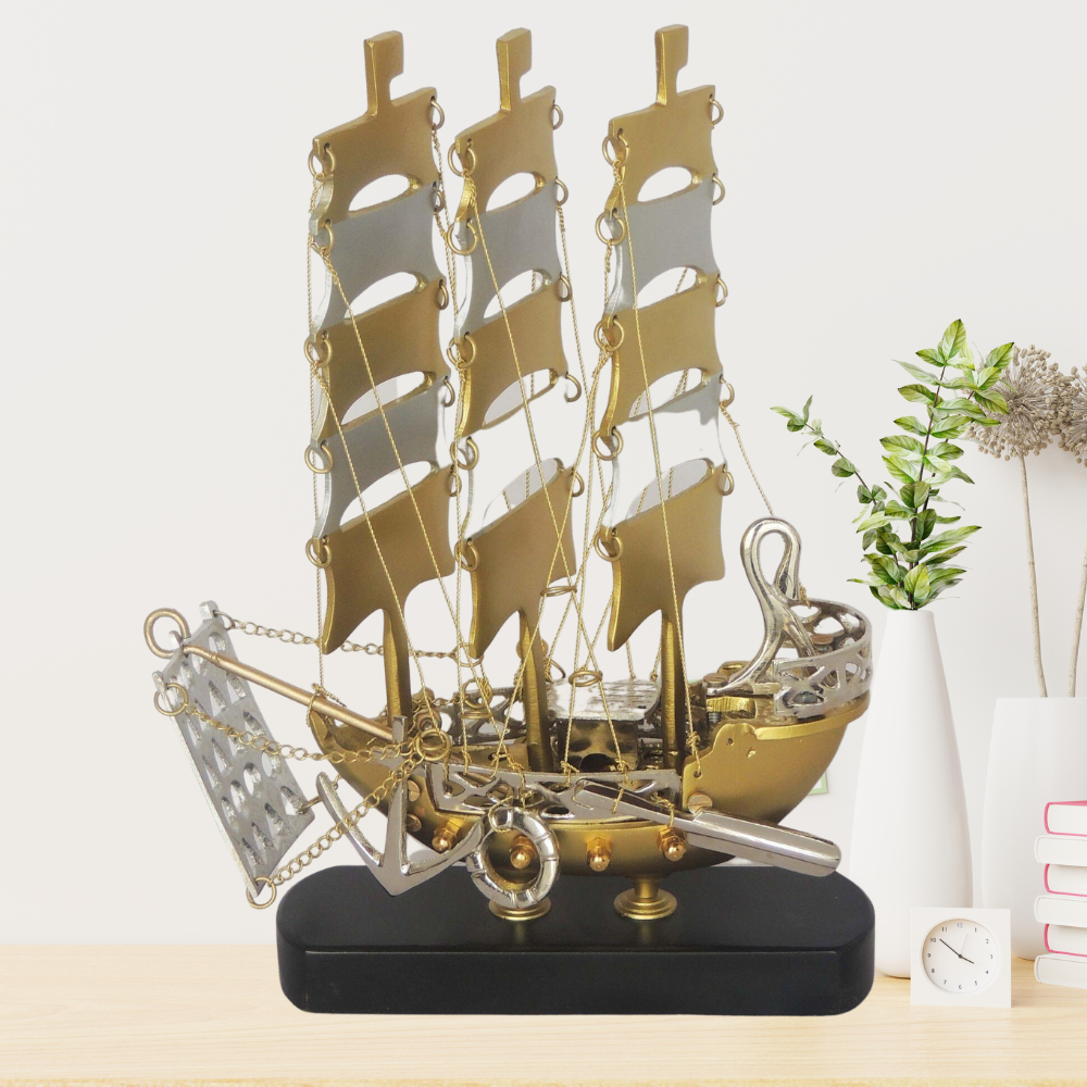 Brass Home Ship With Wooden Base