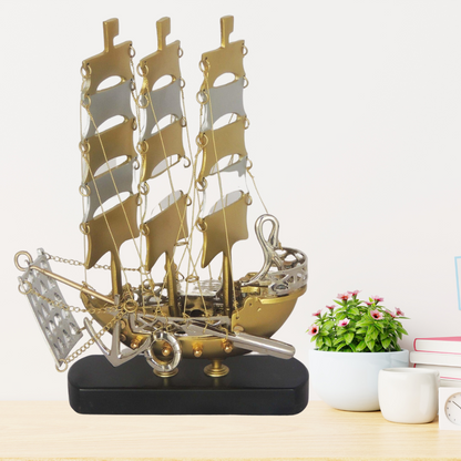 Brass Home Ship With Wooden Base