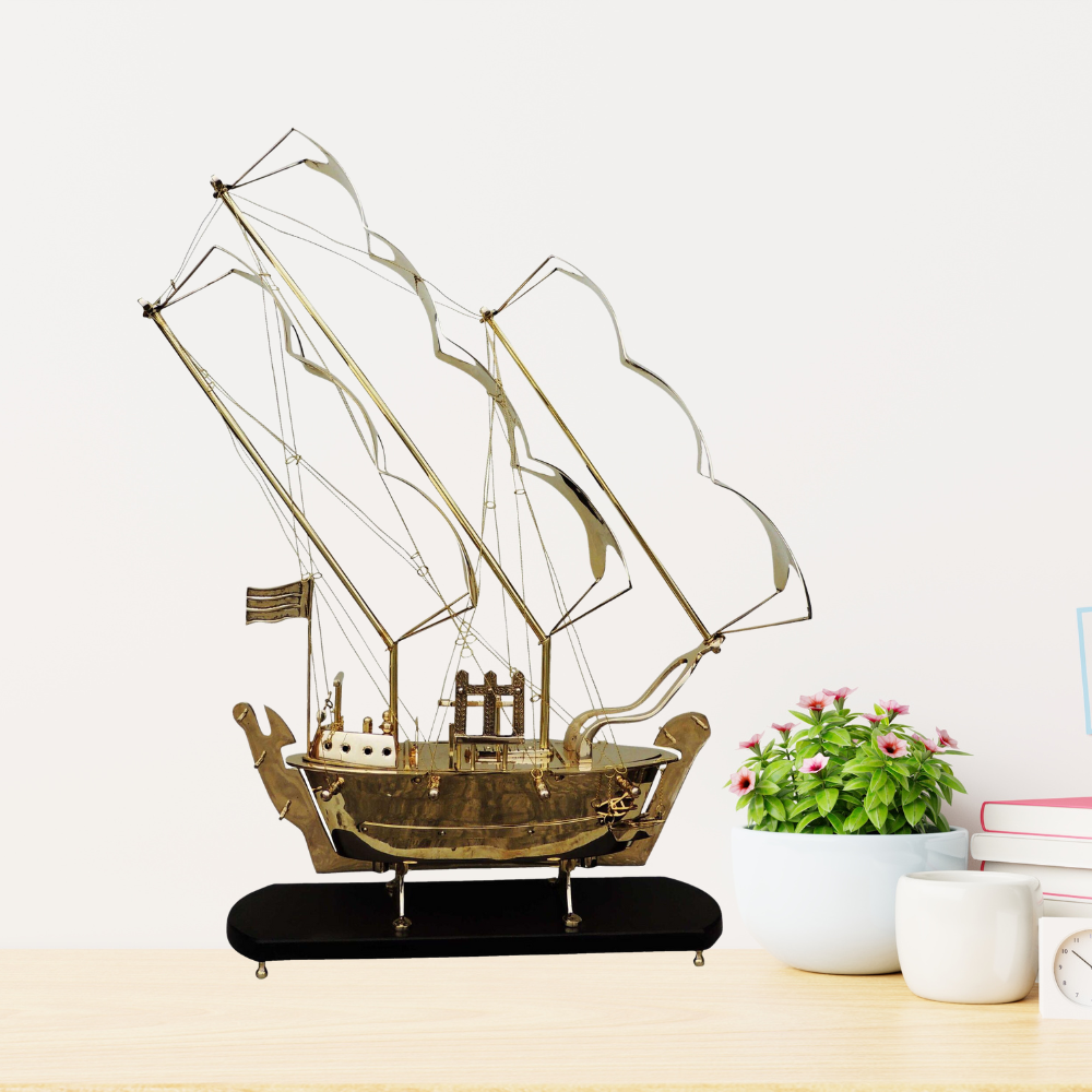 Brass Ship With Wooden Base Big