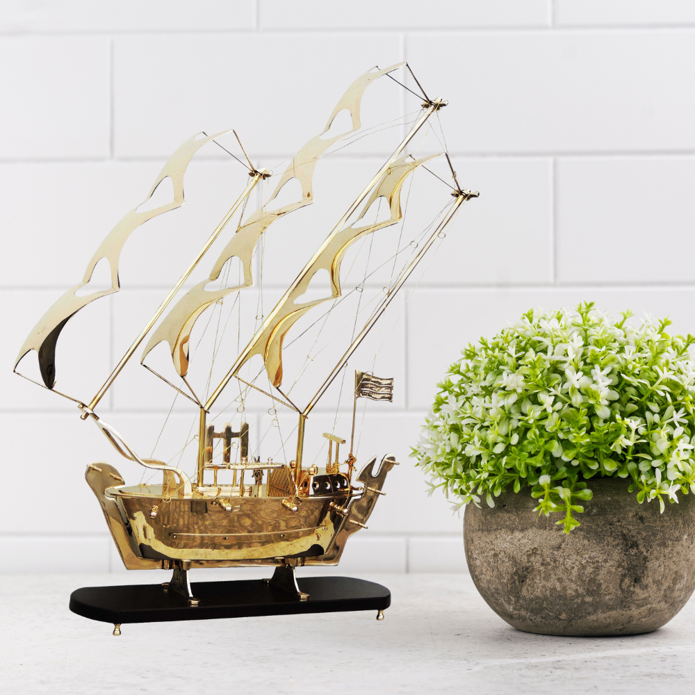 Brass Ship With Wooden Base Big