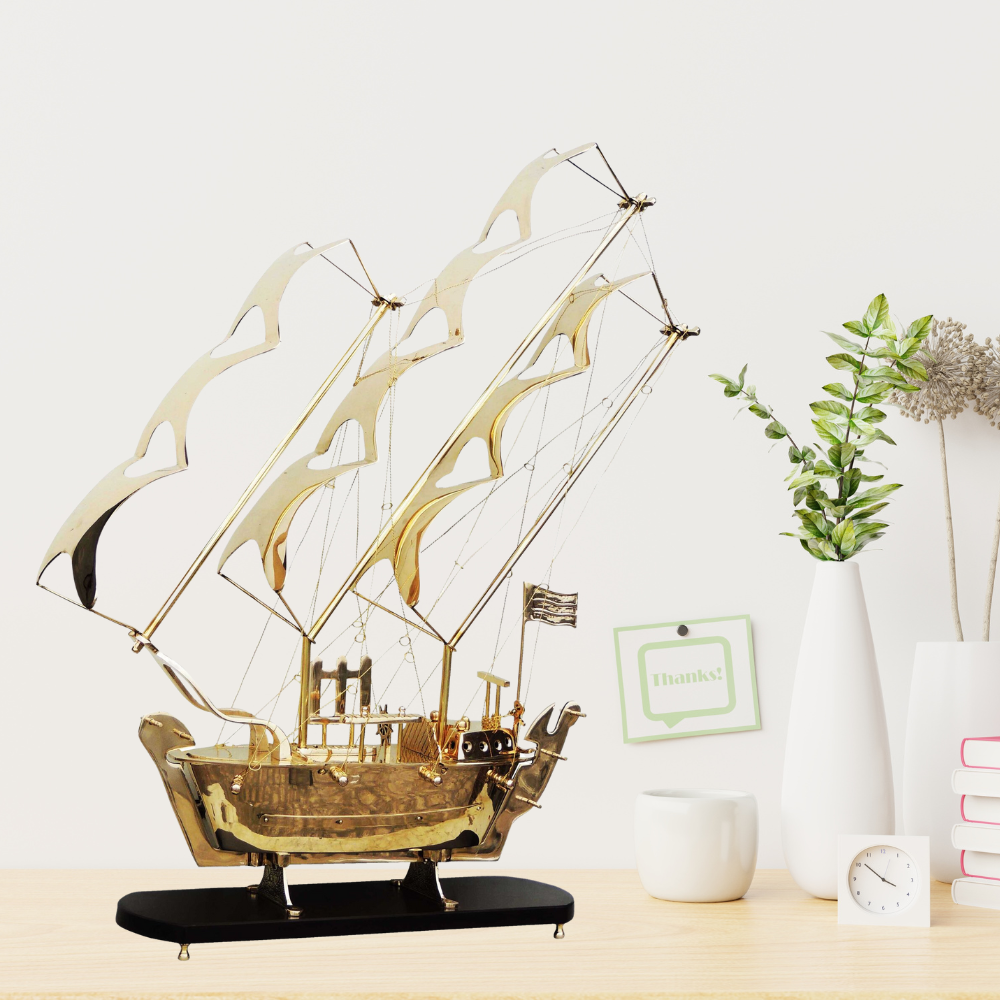 Brass Ship With Wooden Base Big