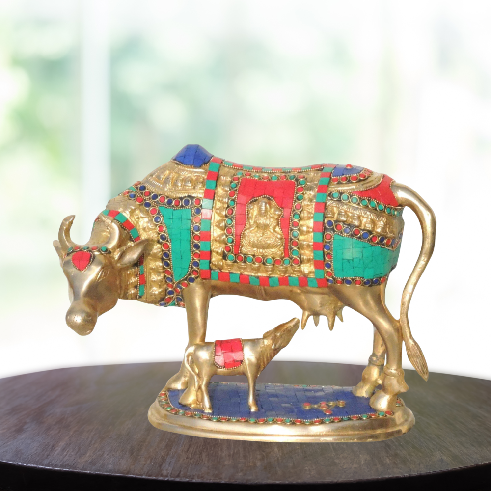 Brass Cow With Calf Stone Statue