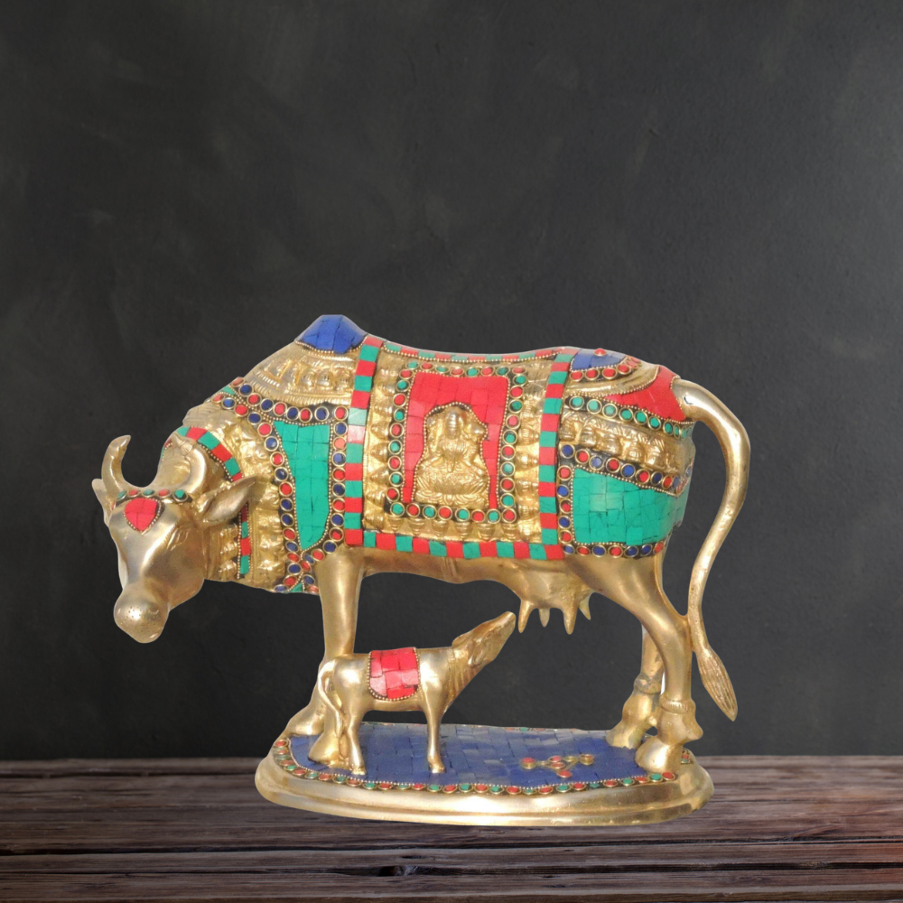 Brass Cow With Calf Stone Statue