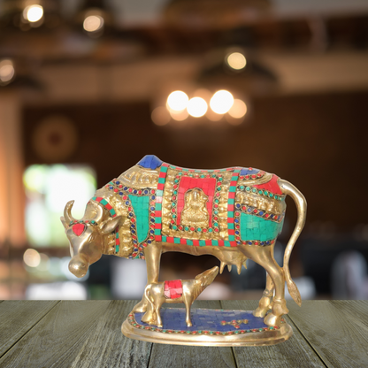 Brass Cow With Calf Stone Statue