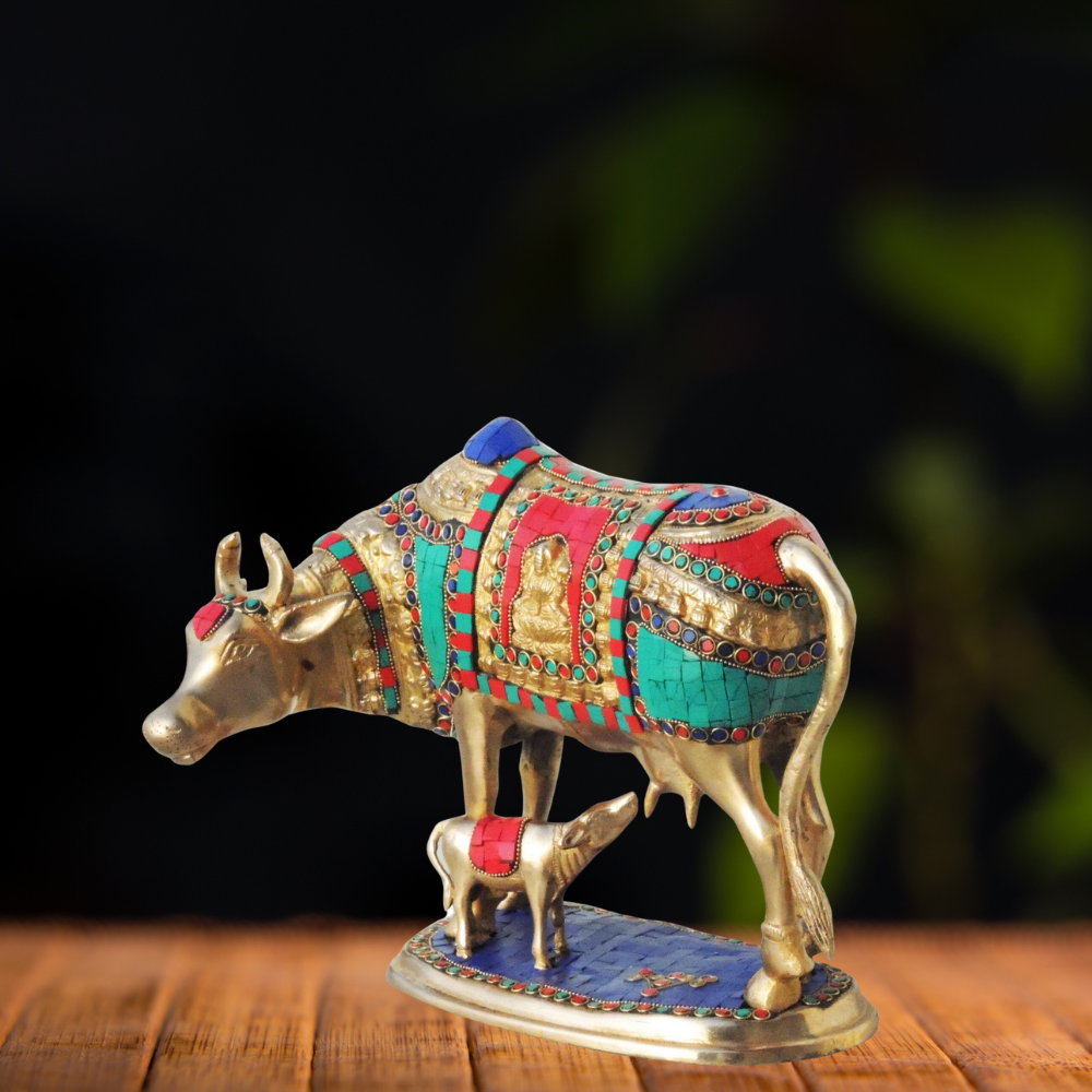 Brass Cow With Calf Stone Statue