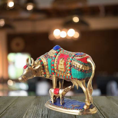 Brass Cow With Calf Stone Statue