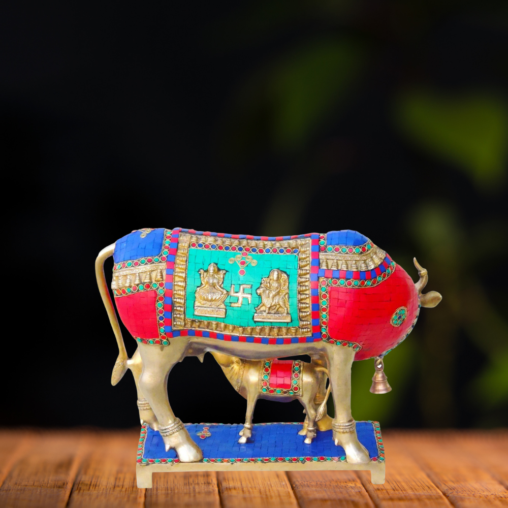 Brass Cow With Calf Stone Statue