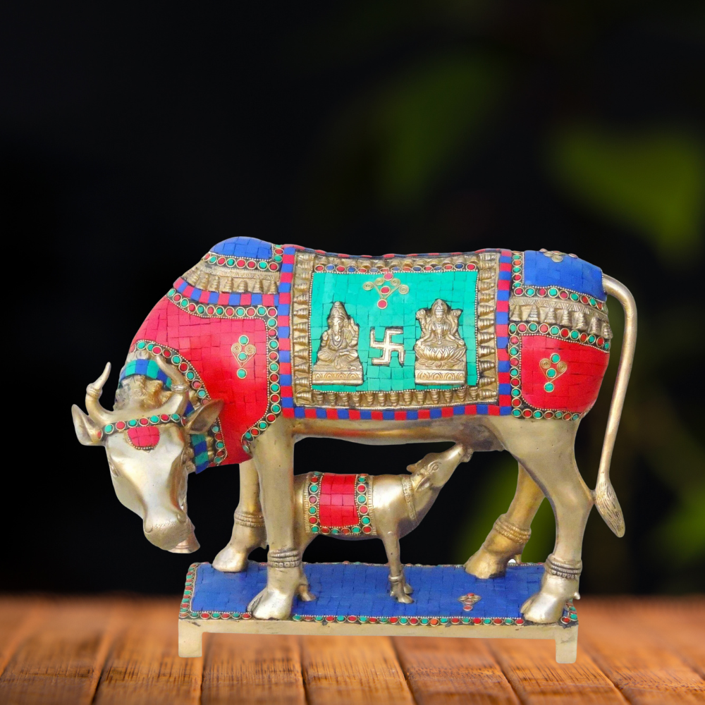 Brass Cow With Calf Stone Statue