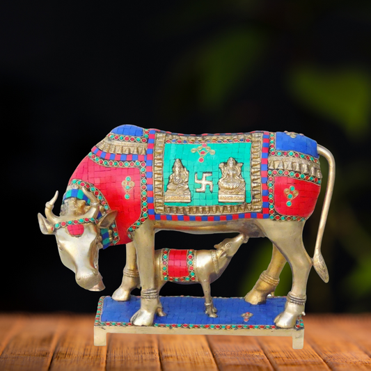 Brass Cow With Calf Stone Statue