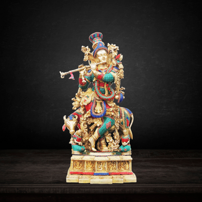 Brass Cow Krishna Big Stone Idol