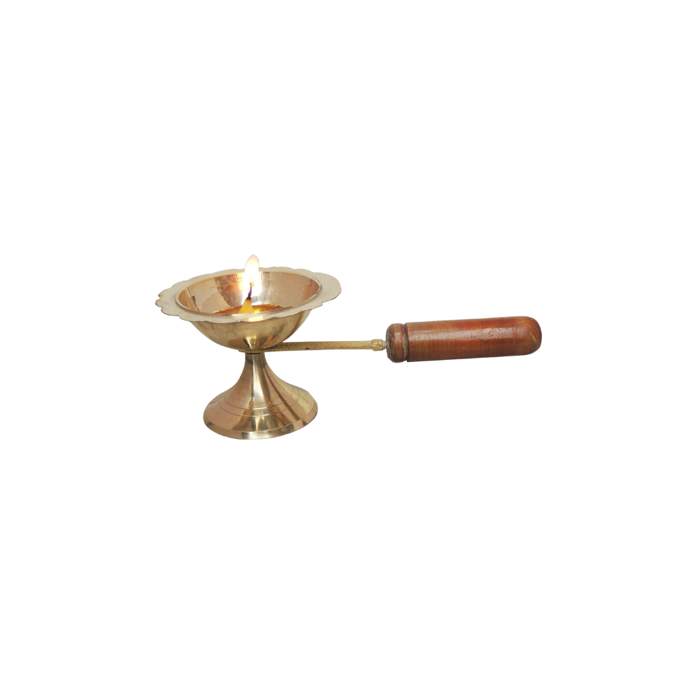 Brass Oil Lamp Deepak With Wooden Handle