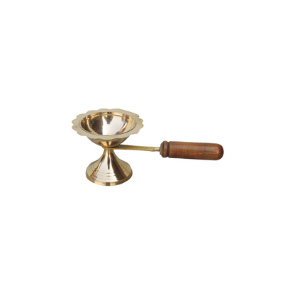 Brass Oil Lamp Deepak With Wooden Handle