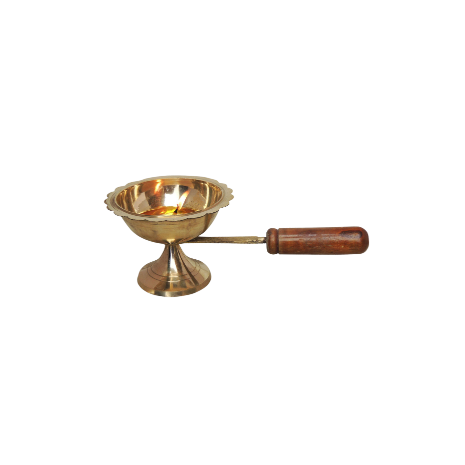 Brass Oil Lamp Deepak With Wooden Handle