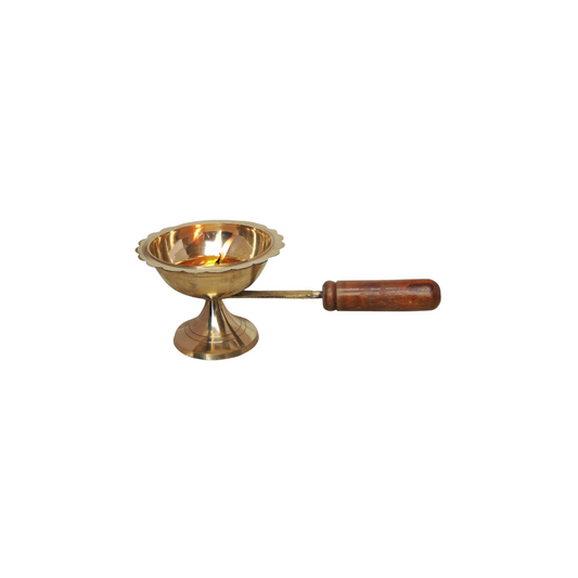 Brass Oil Lamp Deepak With Wooden Handle