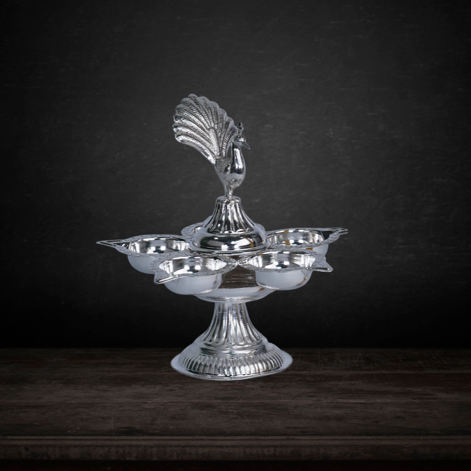 Pure Silver Panchmukhi Peacock Deepam Diya 109g - PUSHMYCART