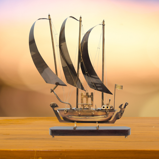 Brass Table Ship With Wooden Base