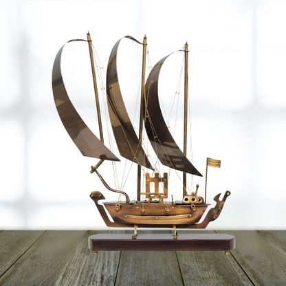 Brass Table Ship With Wooden Base