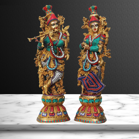 Brass Radha Krishna Pair Statue With Coral