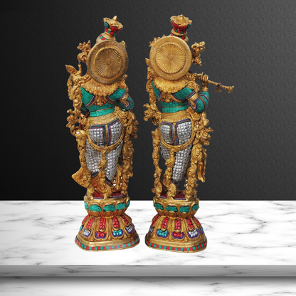 Brass Radha Krishna Pair Statue With Coral