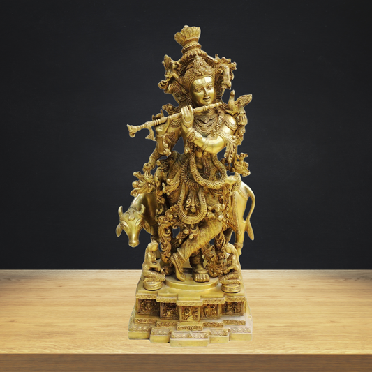 Brass Cow With Krishna God Idol Statue