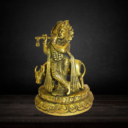 Brass Krishna With Cow God Statue