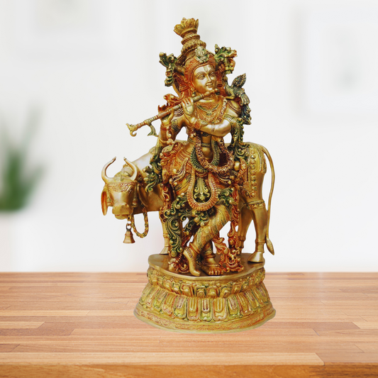 Brass Krishna With Cow Big Idol