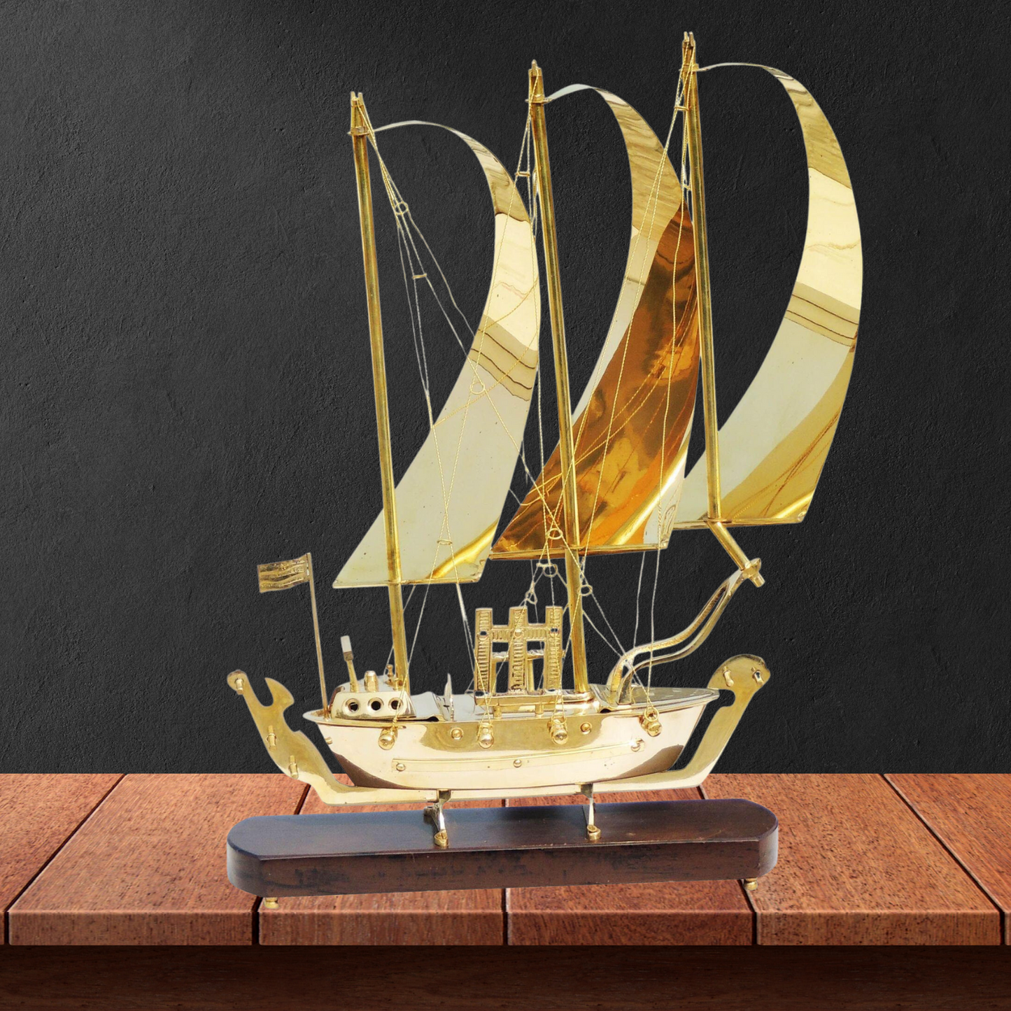 Brass Table Ship With Wooden Base