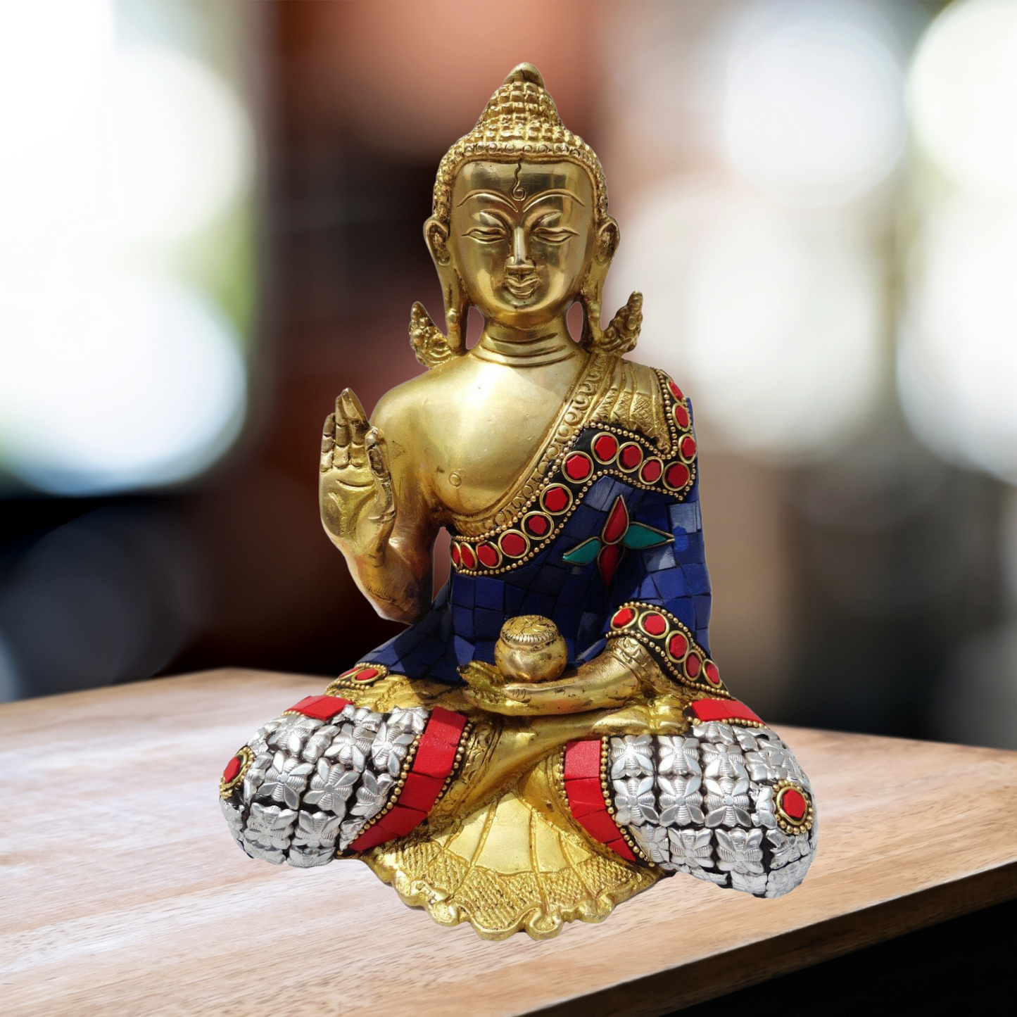 Brass Buddha Statue with Stonework