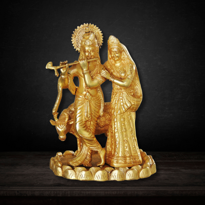 Brass Radha Krishan Pair With Cow Statue