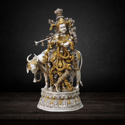 Brass Krishna With Cow Idol