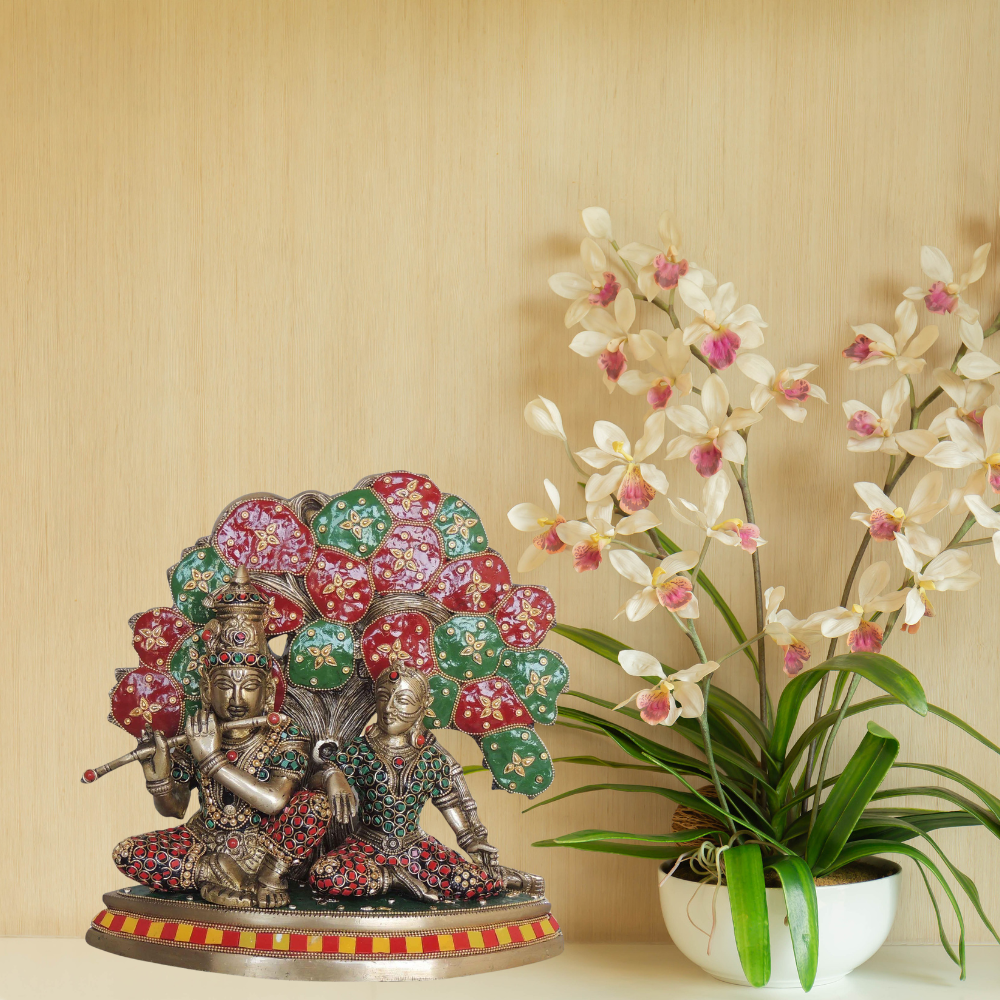 Brass Radha Krishna with Tree Statue