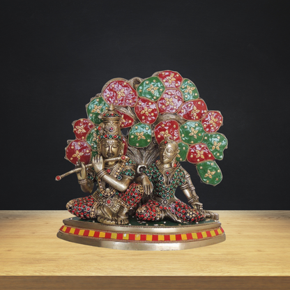 Brass Radha Krishna with Tree Statue