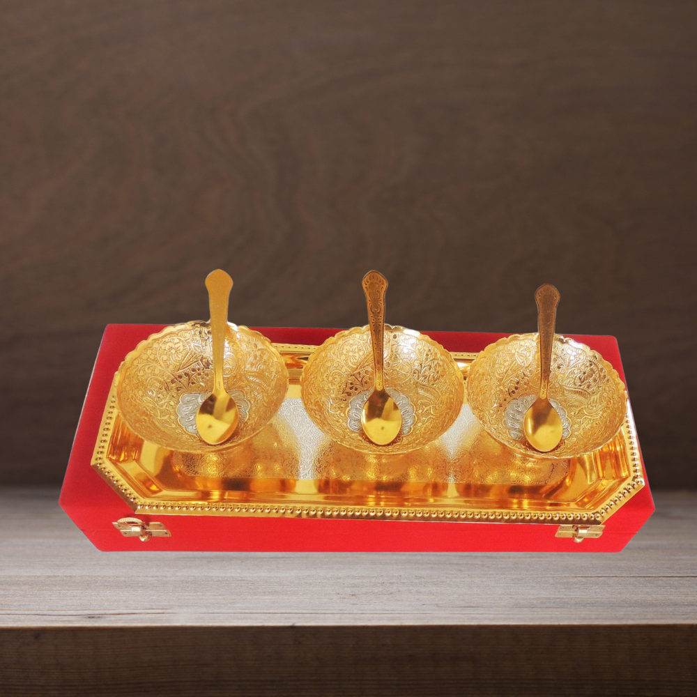 Brass 3 Pcs Decoratice Bowl Set With Velvet Box