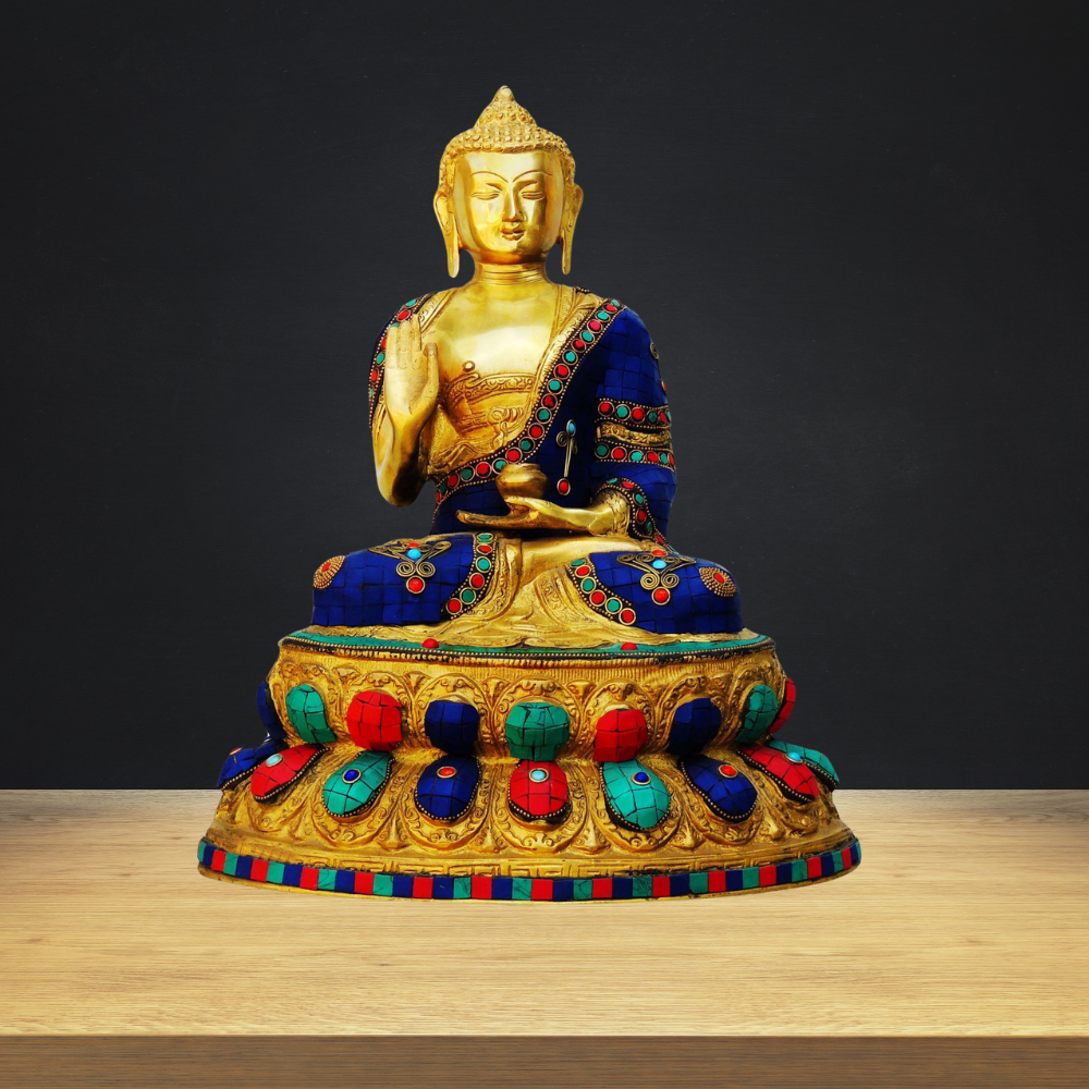 Brass Budha Statue With Turquoise Stone