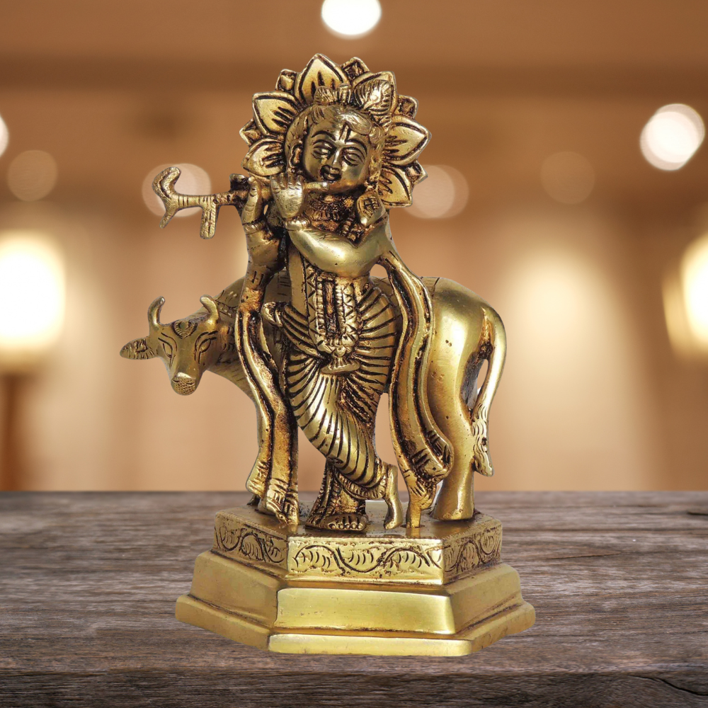 Brass Cow Krishna God Idol Statue