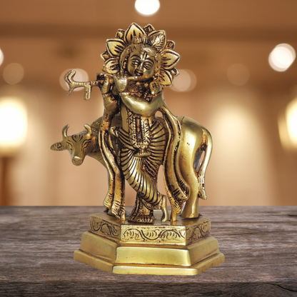 Brass Cow Krishna God Idol Statue