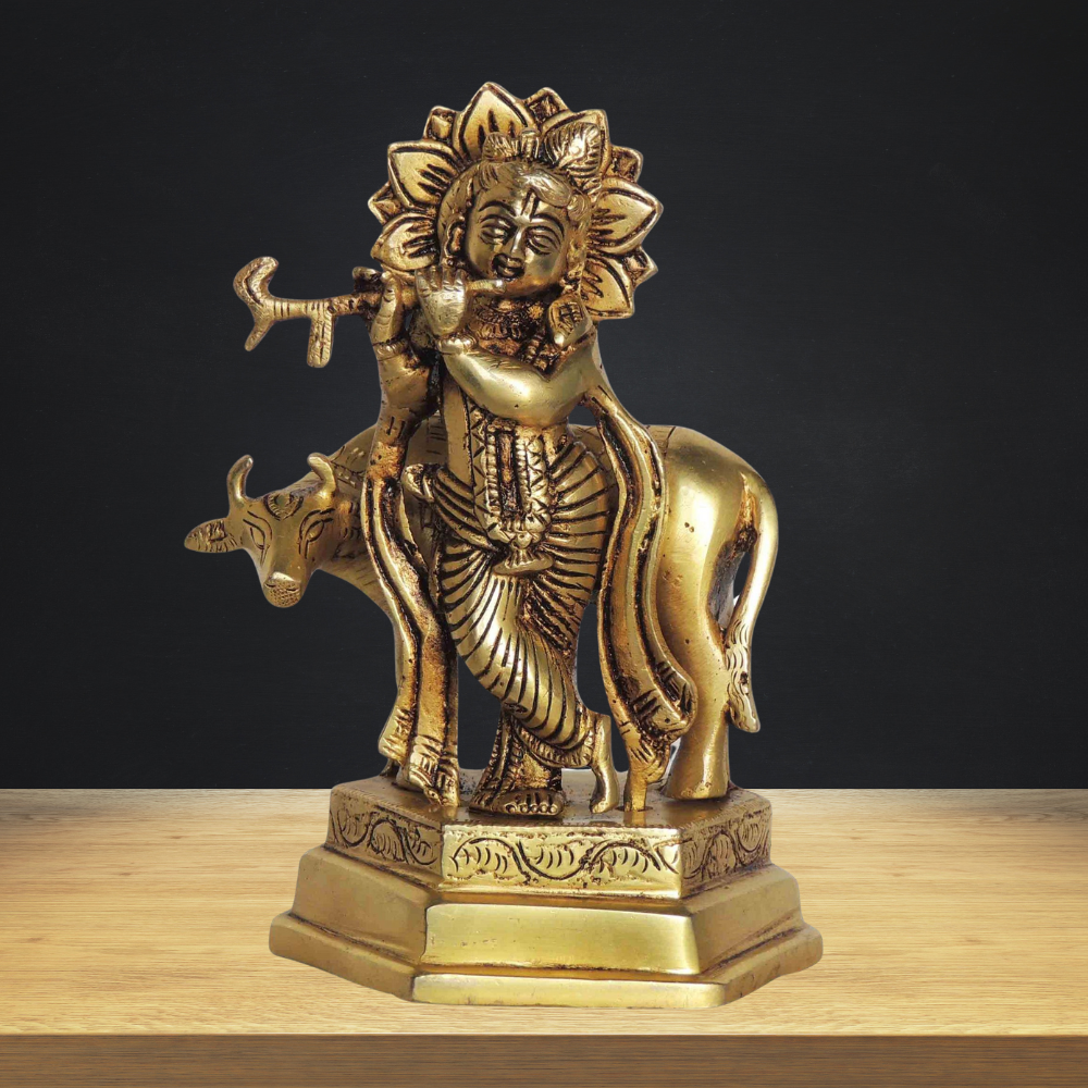 Brass Cow Krishna God Idol Statue