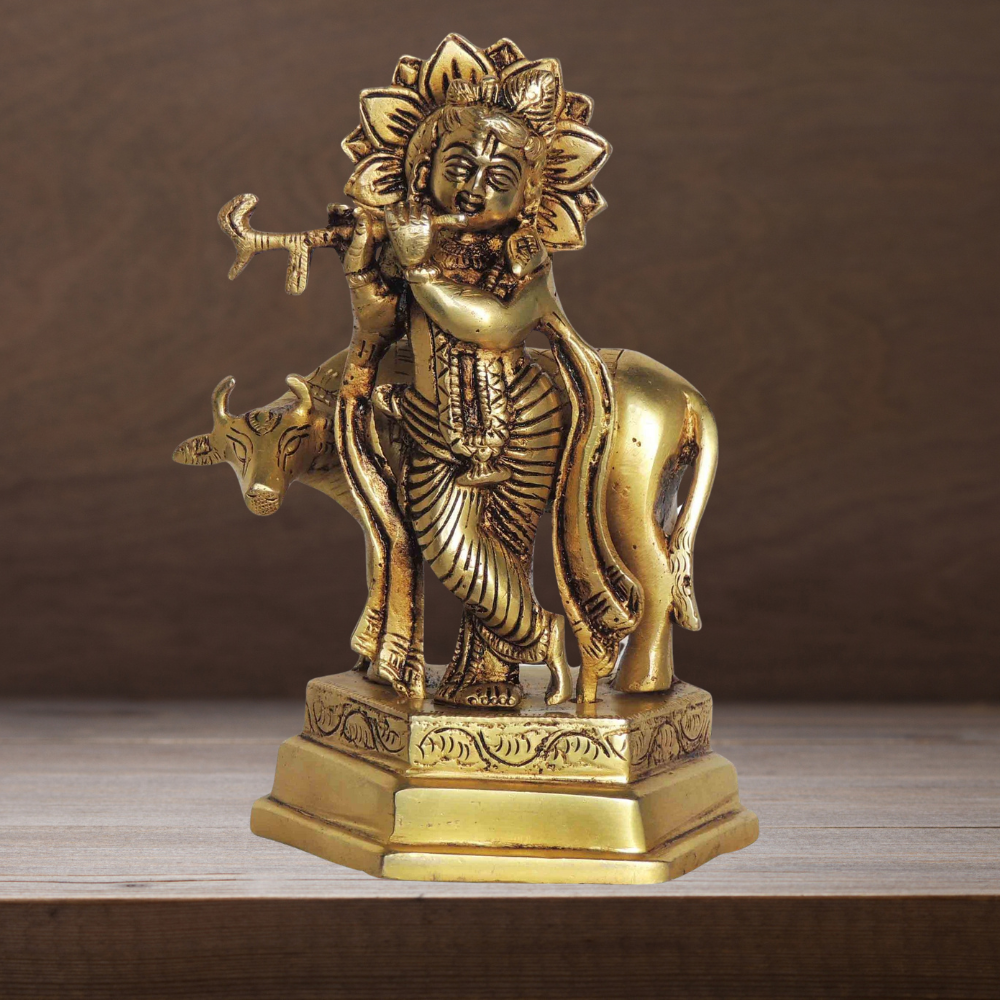 Brass Cow Krishna God Idol Statue