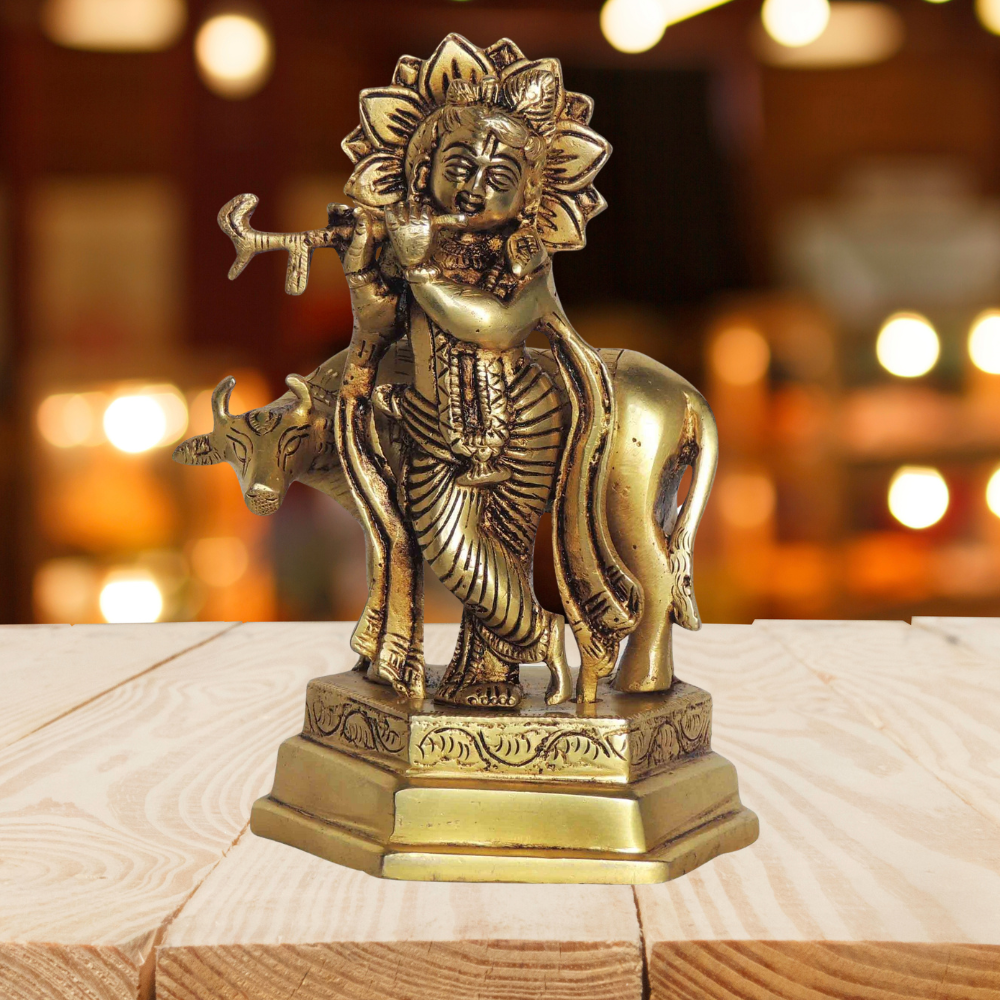 Brass Cow Krishna God Idol Statue