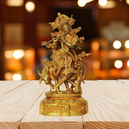 Brass Cow Krishna Idol