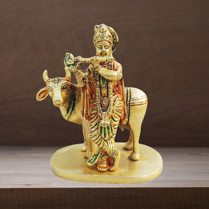 Brass Cow Krishna Statue