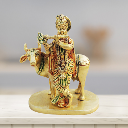 Brass Cow Krishna Statue