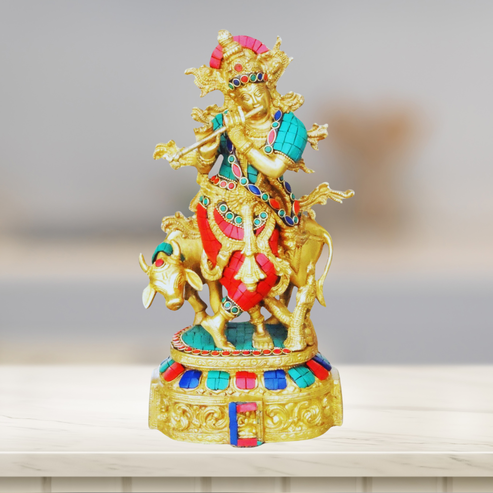 Brass Cow Krishna Stone Idol