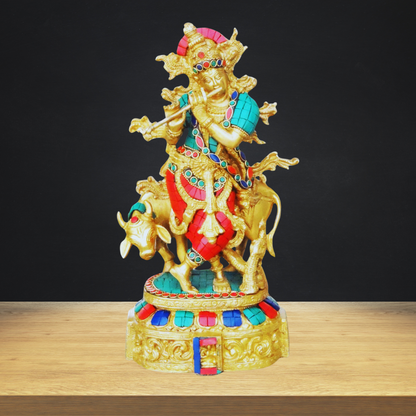 Brass Cow Krishna Stone Idol