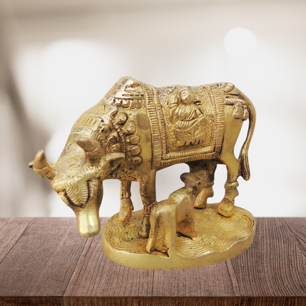 Brass Cow With Base Statue